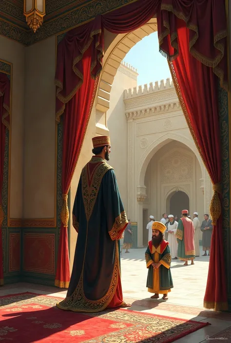 "Traditional Middle Eastern setting, wealthy man indoors, Nasruddin outside"