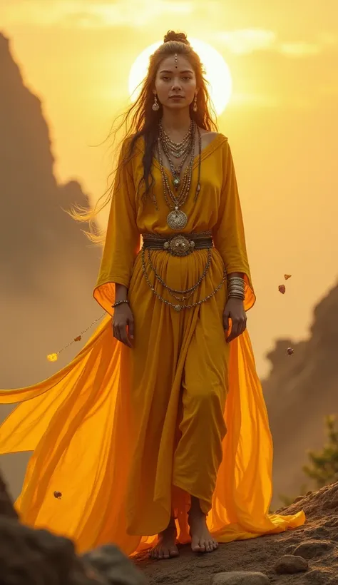 An Indian sage is a woman and is wearing yellow clothes and she has more than a thousand ren and is also wearing yellow clothes. 4k quality 