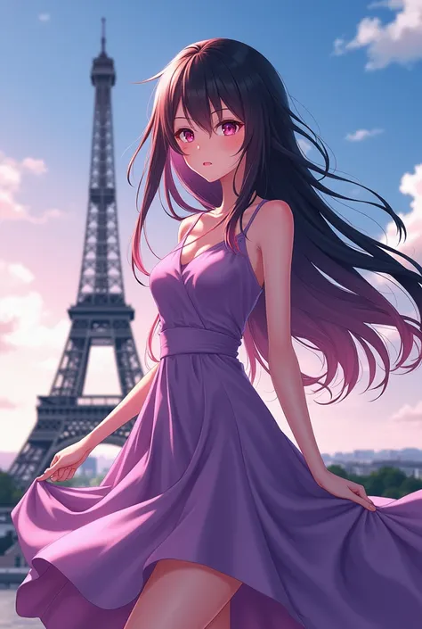 Boku Female Anime , long pink and black hair, left eye pink, While the black right, with a purple dress, in the eiffel tower, modeling,  with full body 