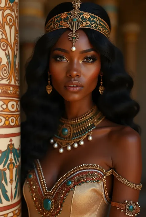 beautiful detailed eyes, beautiful detailed lips, extremely detailed eyes and face, long eyelashes, beautiful black woman, Cleopatra, intricate jewelry, ornate headdress, luxurious fabrics, regal pose, ancient Egyptian setting, ornate column, detailed arch...