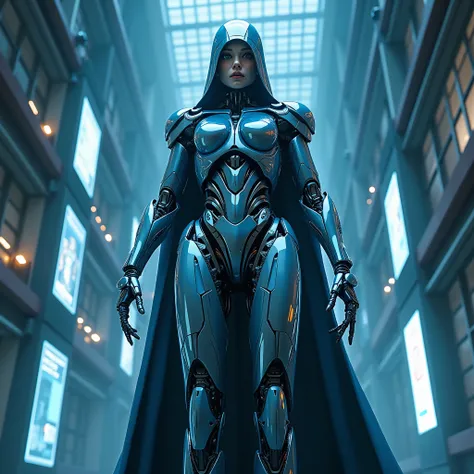 "Create a hyper-realistic depiction of a sleek, humanoid robotic figure inspired by Mirage, standing approximately 16 feet tall. The environment should resemble a high-tech urban hideout, with holographic displays, metallic structures, and a dimly lit atmo...