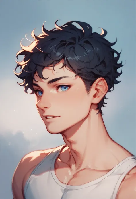 male, short hair, black hair, wavy hair, blue eyes, petite, sketch