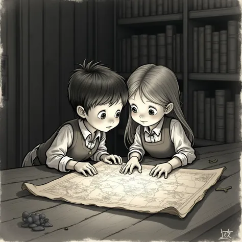 Illustration of a boy and girl finding a map (black and white illustration) (girl and boy)