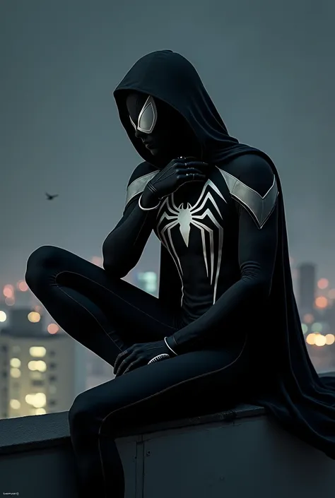 A superhero wearing an elegant, sleek black costume with subtle glossy highlights and silver-grey webbing accents, and a bold white spider symbol in the center of the chest. The hero is sitting alone on the edge of a rooftop at night, with their knees draw...