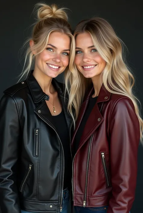 Ultra detailed photo of two beautiful blonde models in a photo studio wearing black jackets leather with a pleasant expression and a big smile. Both are very beautiful.
The first model has incredible deep black eyes and long blonde hair, tied on her head a...