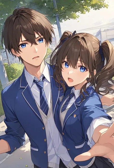 （extremely detailed CG:1.5）、（crisp quality:1.5）、 mature male 、Alone、Beautiful Youth、（detailed facial depiction :1.3）,Brown Hair、 blue eyes、worried、 open her mouth 、reaching out、 school uniform、Blue blazer、 ties、slouch、the way、Residential Street、Electric po...