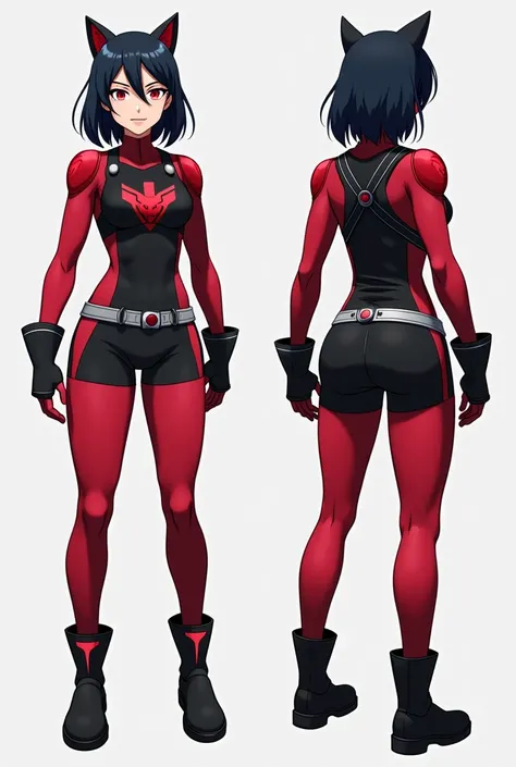  Make an image of my hero costume from Boku no Academia ,  crimson thigh length tights  ( inspired by Mirko )  with high ankle boots hero black and silver ,  black t-shirt with tight crimson design with sleeves up to the forearms,  medium loose black short...