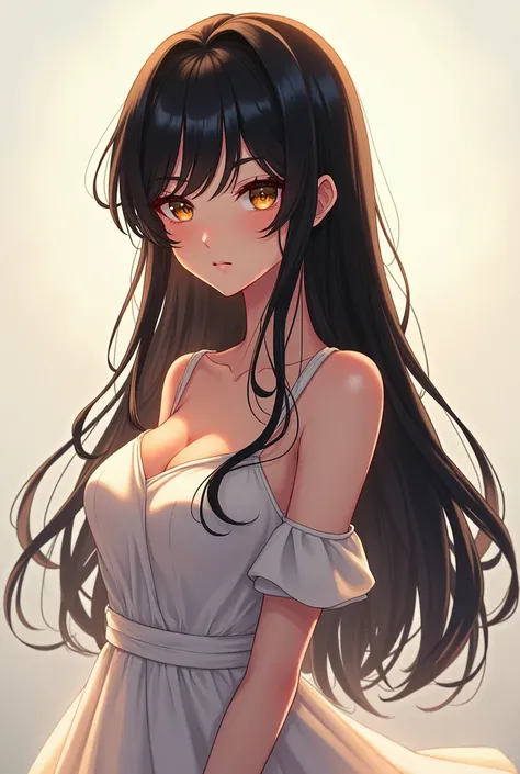 Create an anime girl with long black hair and brown eyes, de cuerpo entero