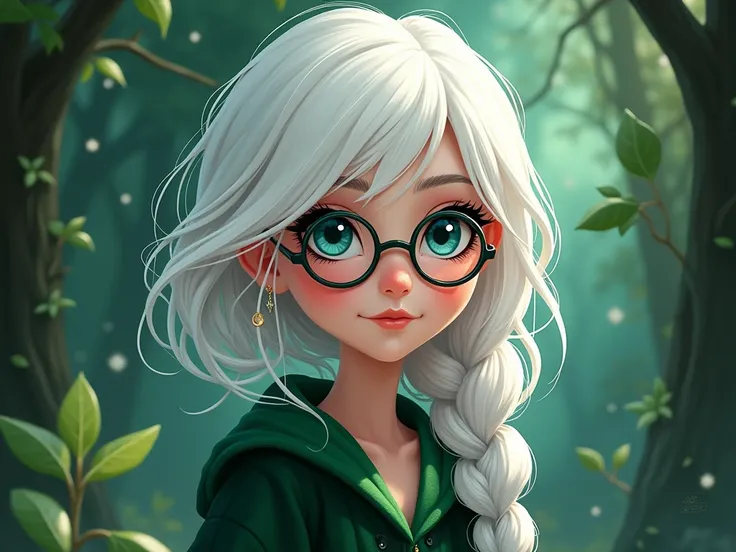 White Haired Girl, Light blue eyes,  single-sided braid, wearing glasses, Slytherin house-style in a Harry Potter theme., Along with the message . ", Mavis Vermilion” cartoon face, , 