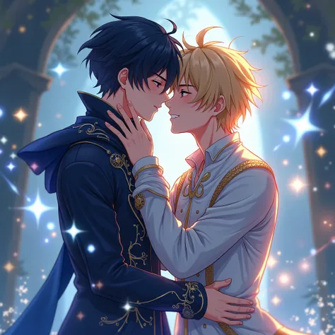 A boy with black hair and a magic outfit another boy with blond hair and a Magical outfit kissing the boy with black hair anime tries not to go wrong