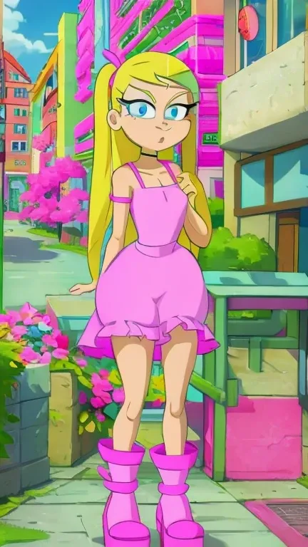 Teenage Helga Pataki from nickelodeon, yellow big pigtails, one single thick eyebrow, blue eyes, big ass, [Wide hips: 1.9] , full pink dress, alone, in the streets, small breasts, walking naked