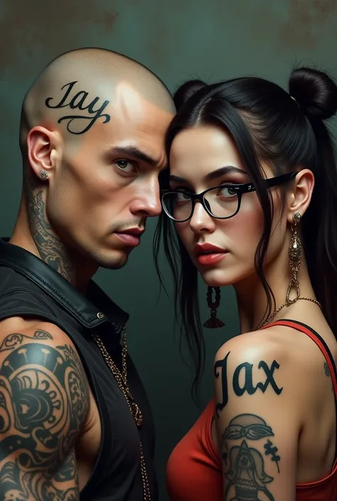 Un homme crane raser avec un tatouage écrit Jay, accompagner dune femme brune avec des couettes de chaque coter avec un tatouage écrit Jax 

La femme porte des lunettes
