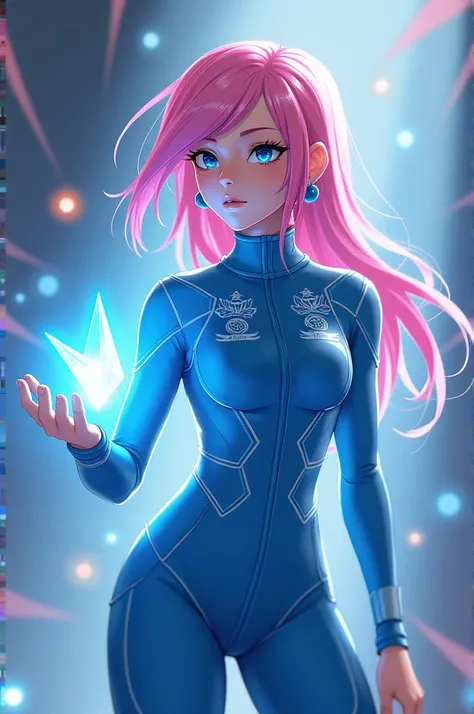  Pink-haired character holding crystal with power, blue sporty uniform  