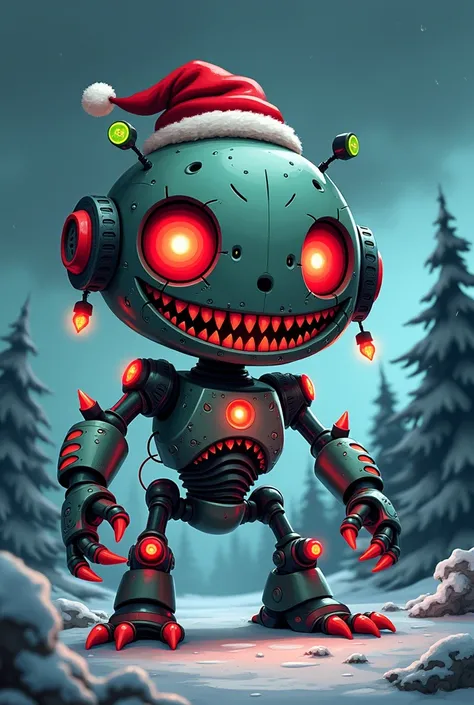 I want a cartoonish robot with an evil Christmas theme to focus on the face