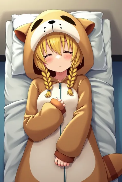  1 girl ,  Grown Ups,Dark yellow hair, hospital bed , Fluffy Kigurumi Pajamas, high definition , masterpiece, accurate,  very detailed,  inviting , reality, short hair ,, small breasts, braids , closed eyes, is sleeping,Raccoon Pajamas 