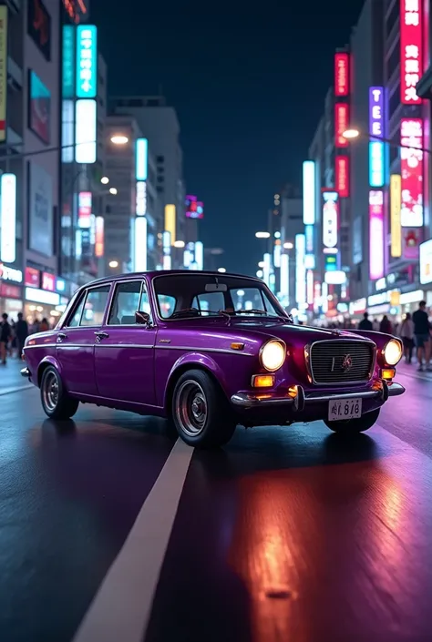 eggplant-colored lada 2110 drifts through Tokyo at night without modifications