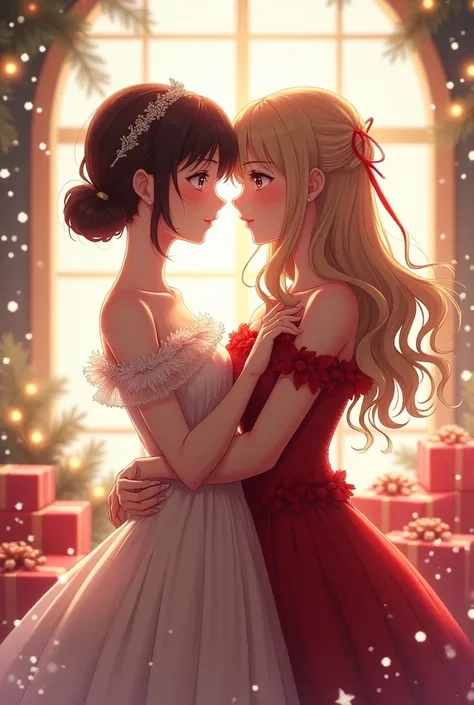 Two s dressed for Christmas with stars touch each others heads happily with presents all around and snows floating lesbian romantic anime 