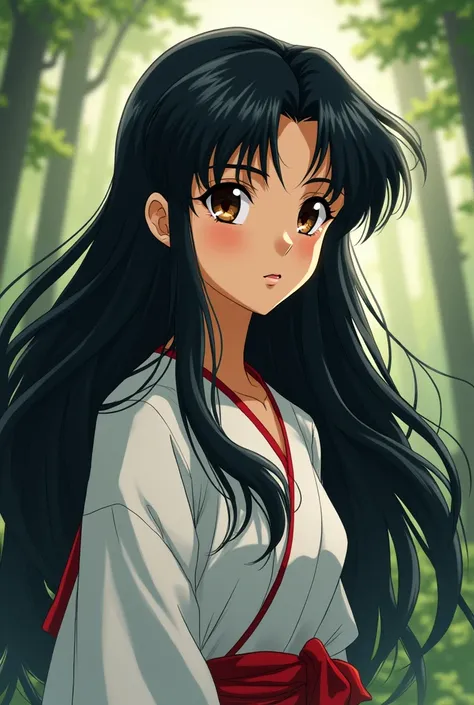 Create a girl like the character Aome from Inuyasha,  with long black hair and brown eyes, de cuerpo entero