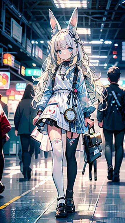 a giant pocket watch stands behind him, and playing cards fly all around him.wearing white apron on light blue short skirt dress, wearing light blue short skirt dress,""wearing ribbon like black bunny ear"", "Bunny ear ribbon" is generally refers to ribbon...