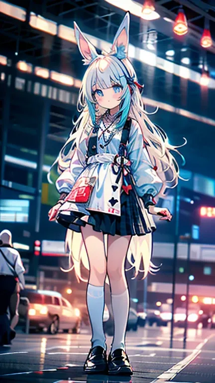 a giant pocket watch stands behind him, and playing cards fly all around him.wearing white apron on light blue short skirt dress, wearing light blue short skirt dress,""wearing ribbon like black bunny ear"", "Bunny ear ribbon" is generally refers to ribbon...