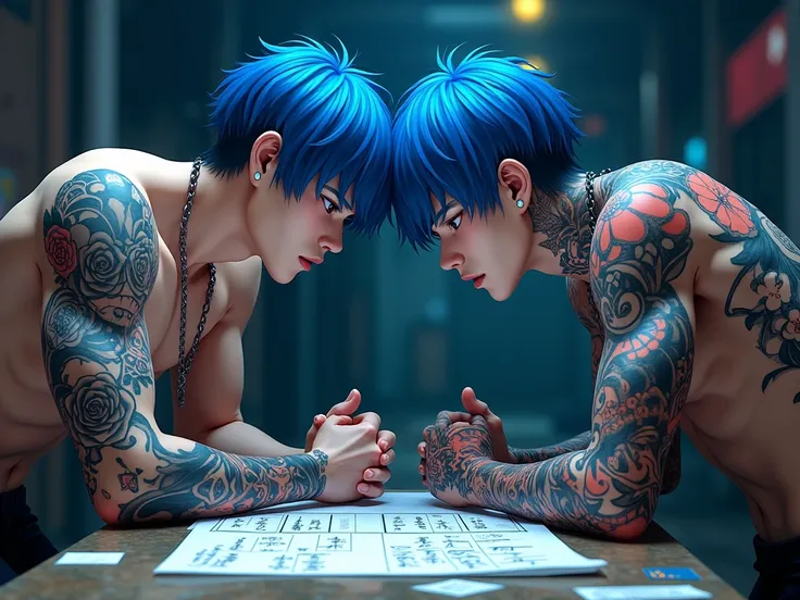 blue-haired Japanese guy and his tattooed blue-haired friend planning a plan