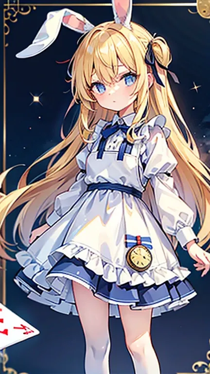 a giant pocket watch stands behind him, and playing cards fly all around him.wearing white apron on light blue short skirt dress, wearing light blue short skirt dress,""wearing ribbon like black bunny ear"", "Bunny ear ribbon" is generally refers to ribbon...