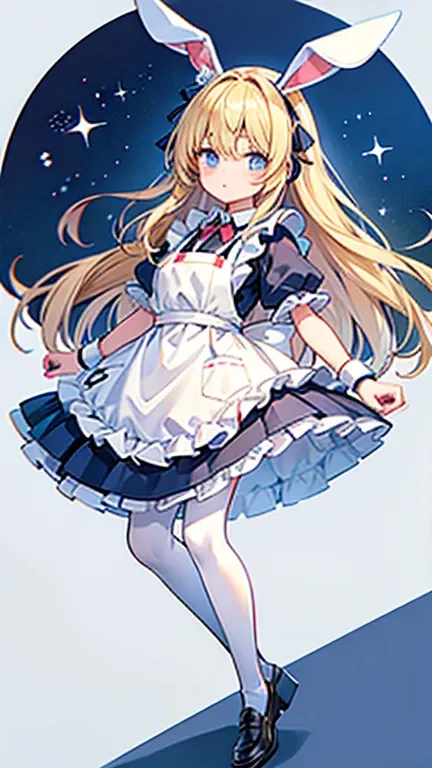 a giant pocket watch stands behind him, and playing cards fly all around him.wearing white apron on light blue short skirt dress, wearing light blue short skirt dress,""wearing ribbon like black bunny ear"", "Bunny ear ribbon" is generally refers to ribbon...