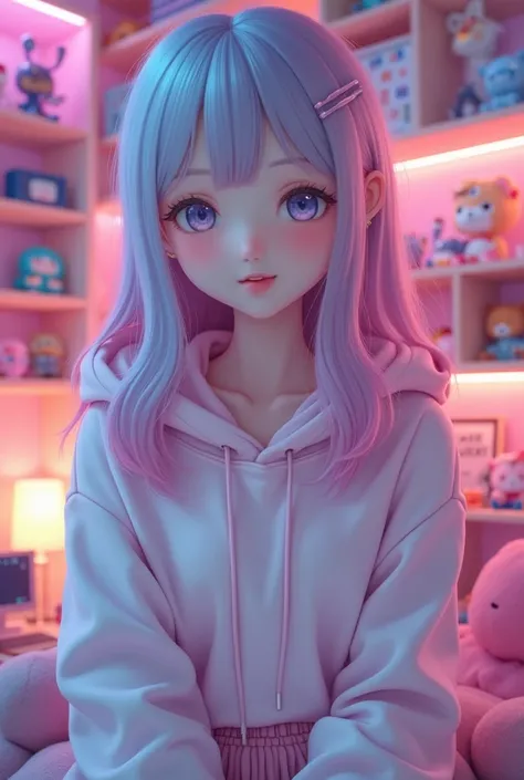 A young woman of Japanese descent with delicate facial features, smooth, straight hair dyed in a gradient of pastel pink and blue. She has a charming and friendly expression, exuding warmth and positivity. Her style is a blend of modern casual and e-girl f...