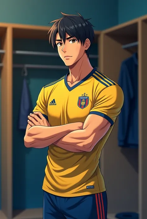  anime character. football player.  Smooth and dark hair cut with a low-fade gradient cut on the sides. athlete&#39;s body, muscular and defined. Adidas soccer uniform . Colombian National Team jersey .  The atmosphere takes place in the changing room . im...