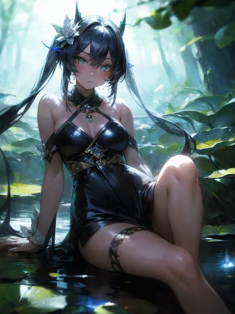 (masterpiece, highest quality:1.2), (1 girl) , 
Ao-Oni,sitting on a lotus, makeup,hair rings, horn,sapphire eyes,beautiful eyes, bright colors, Focus on face, , BREAK forest in the background, Bokeh,Ethereal Moonlight Lighting,
, positive theme, sunrising,...