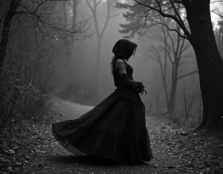 In a hauntingly beautiful black and white ultrawide photograph, a young gothic woman strides through a shadowy pinewood forest, her long black Victorian dress billowing softly around her. The intricate lace details of her gown contrast starkly against the ...