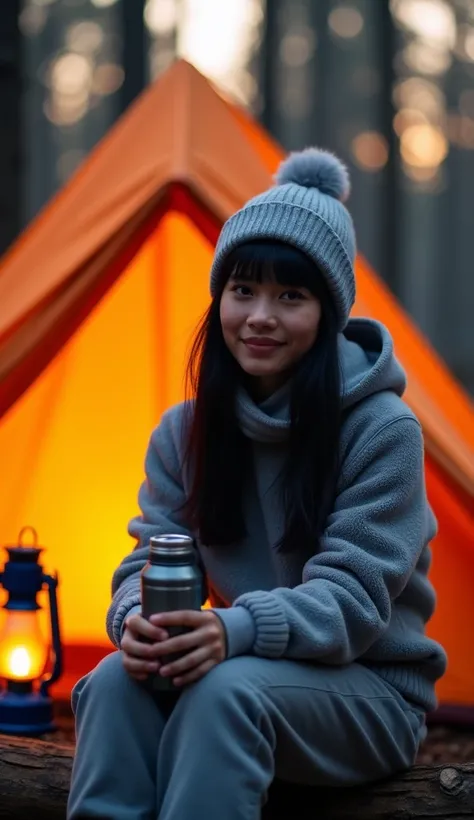 A professional outdoor photography of a beautiful Indonesian woman camping the wood, black hair with bang, she wearing an fleece jacket, sweatpants and gray wool hat; she sitting outside of her orange tent on a wood log; she holding a thermos; a light-up c...