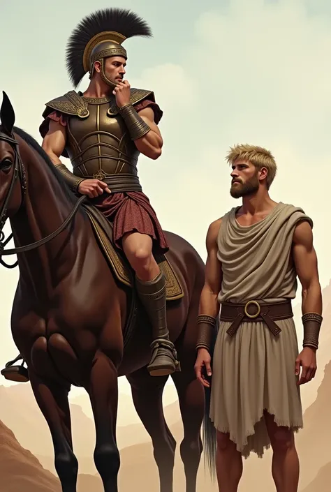 A blond man rides a horse wearing Greek-style armor and helmet while stroking his face another man standing next to the horse wearing a tunic,  let you see the full body of the man standing , Let you see the full horse  