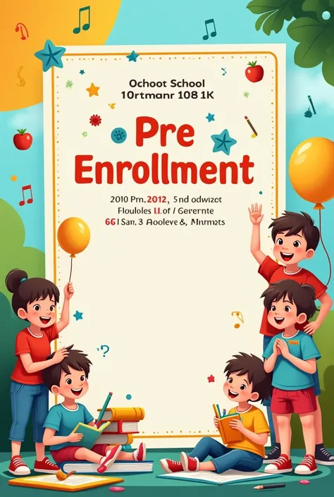  Create a cheerful and flashy banner for a campaign Pre-enrollment at a school .  The design should include a colorful background with vibrant tones such as yellow , blue and green,  plus fun elements such as balloons , color pencils and books .  Highlight...