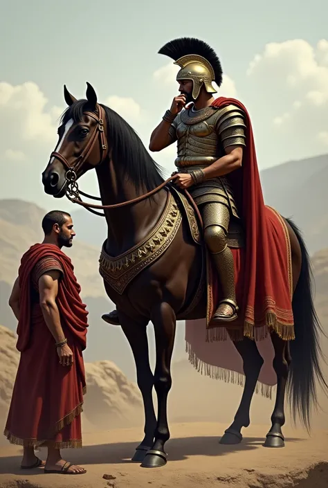 A man riding a horse in Greek armor while stroking his face another man standing next to the horse