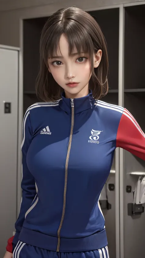 locker room,track suit,(Thin type:1.5),(large breasts),(random hairstyle),(Highest image quality,(8K), Ultra-realistic, Best Quality, High quality, High Definition, high quality texture, high detailing, Beautiful detailed, fine detailed, extremely details ...