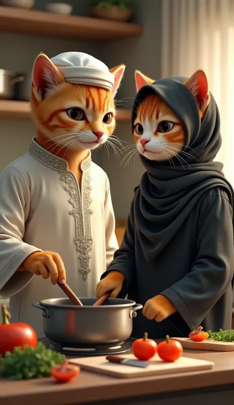 "Create a highly detailed and realistic image of an anthropomorphic male and female cat couple cooking together in a cozy kitchen. The male cat wears a traditional shalwar kameez in soft pastel or earthy tones, with subtle embroidery on the neckline, and a...