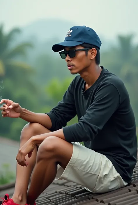 realistic photo, showing a man with an authentic Indonesian face, 25 years old, oval face, side parted short hair, very thin body, sunglasses, wearing a dark blue Adidas hat, wearing a black long-sleeved shirt, wearing white shorts, wearing red shoes, he l...