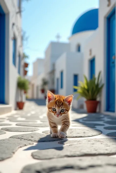 Live action kitten walking down a path between blue and white buildings in Santorini。