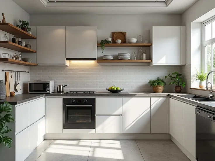  designs a traditional architectural environment not modern of a kitchen containing white colors, gray and black with ceramic tiles but not in the entire kitchen , Add those colors to the appliances and elements too 