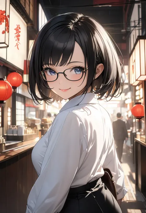 RAWphoto,photorealistic,8k16k,best quality,perfect anatomy,perfect detailed,ultra highres, extremely detailed eyes and face,gleaming skin,shiny skin,1girl,Japanese,black short hair,pixie cut, (wearing glasses:1.3),(parted bangs,forehead:1.2),round face,med...