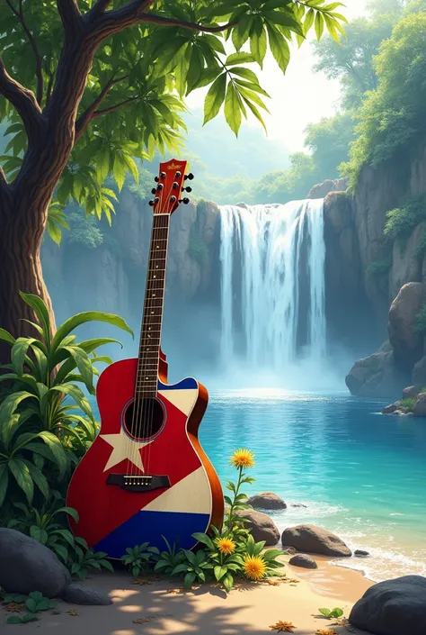  Design with white background , with a waterfall behind ,  a guitar complete with the Cuban flag engraved and a mango tree