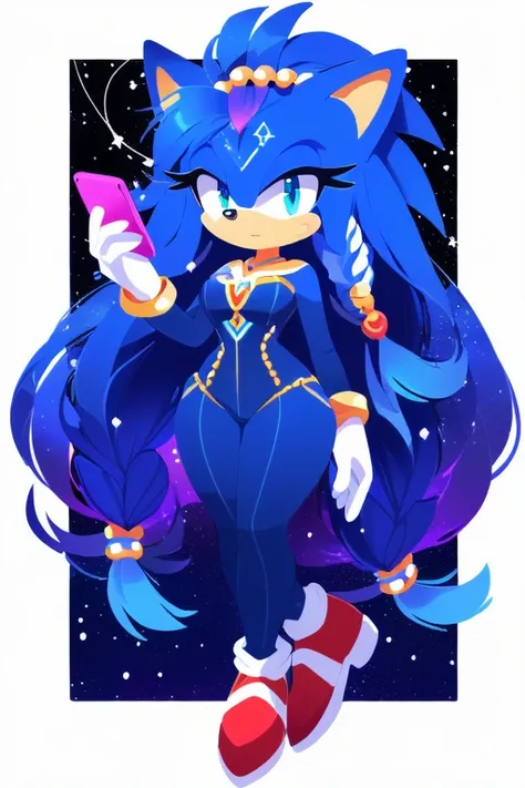 Sonic oc, Mobian, female, sonic the hedgehog but female, Cosmic hedgehog, A beautiful light blue hedgehog, purplish blue eyes, very long hair/quills, braided and beaded long hair bangs, long streaks of hair on each side of her face, (star constellation on ...