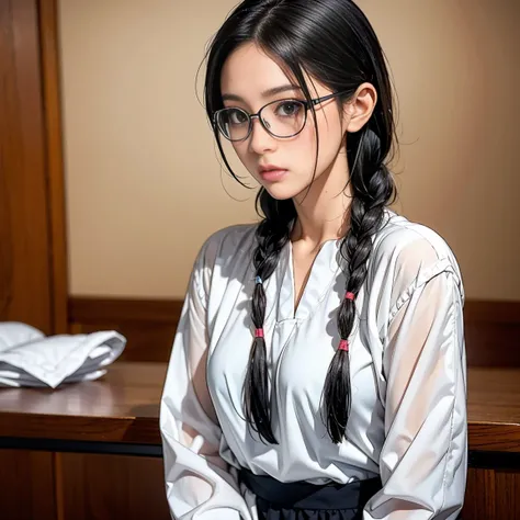 Serious and diligent young girl with glasses,neat long black hair, tidy twin braids, slightly nervous expression, pure and sincere gaze, simple but clean clothing, maid outfit or modest uniform style, serious and reserved posture, a sense of coming from a ...