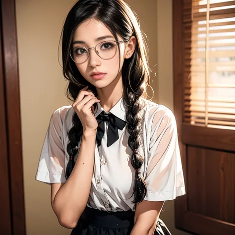 Serious and diligent young girl with glasses,neat long black hair, tidy twin braids, slightly nervous expression, pure and sincere gaze, simple but clean clothing, maid outfit or modest uniform style, serious and reserved posture, a sense of coming from a ...