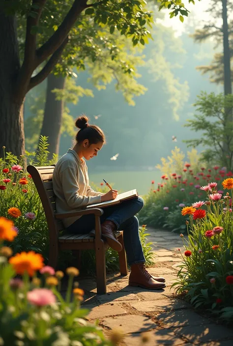 /imagine prompt: A writer sitting on a wooden bench in a serene botanical garden, pen and notebook in hand, sunlight softly illuminating the pages, surrounded by colorful flowers, tall trees, and birds in the distance, realistic style, detailed and sharp f...