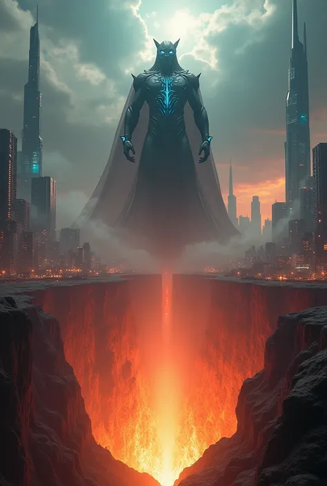 A powerful Doomsday villain emerging from the fiery depth of a crater in the middle of the metropolis city. 3D fantasy and science fiction style .