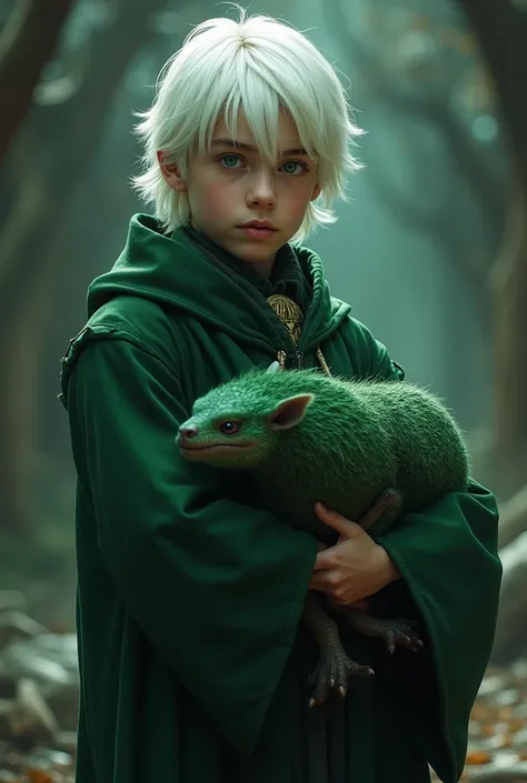  Boy with medium length white hair, slytherin,  green eyes, With a scarlet in his arms. 