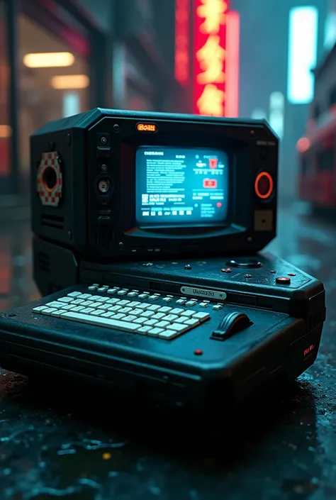 a photograph of a science fiction piece of equipment. 1980s style. Black . Boxy. Japanese logos.. Strange white keyboard. Small digital screen. Blade Runner. Cyberpunk.