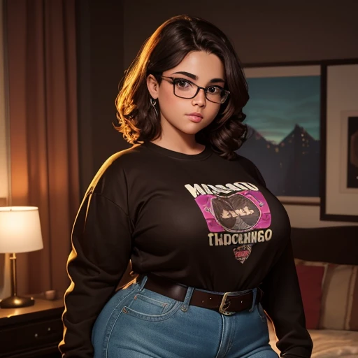 90s dark vintage film style, A petite cute slightly chubby macromastia size breasts Mexican nerdy emo teen, short volumetric brown hair, beautiful detailed brown eyes, cutely detailed lips, cute highly detailed eyes and face, round shape face, mega voluptu...